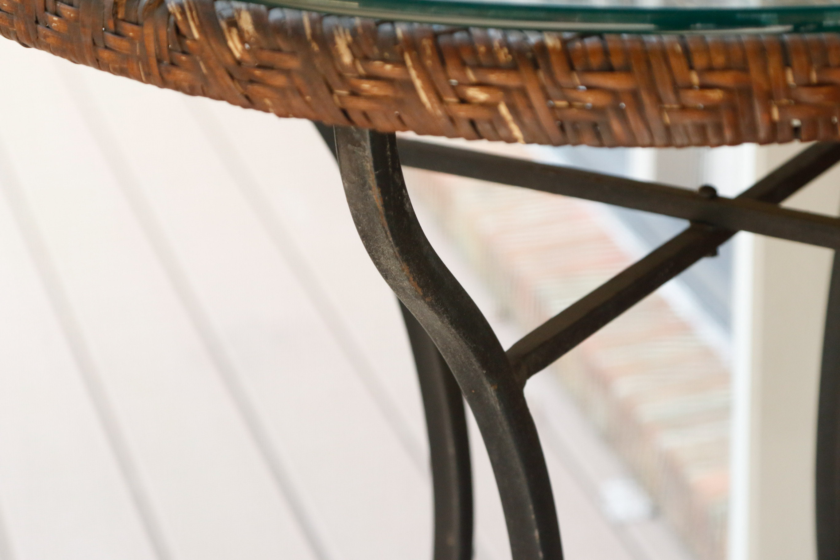 Wrought Iron, Glass, and Rattan Bistro Set