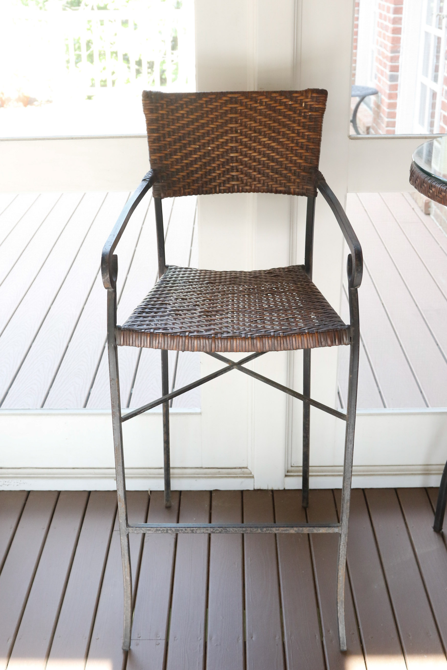 Wrought Iron, Glass, and Rattan Bistro Set