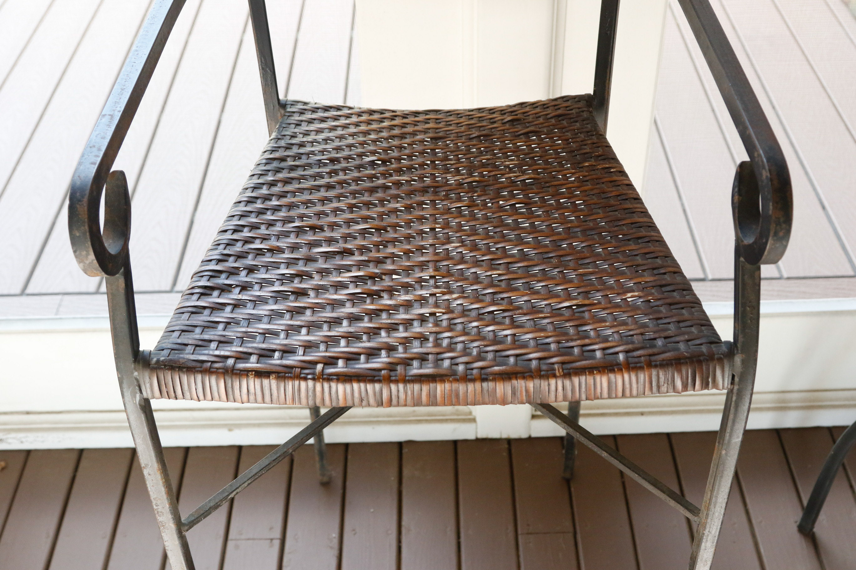 Wrought Iron, Glass, and Rattan Bistro Set