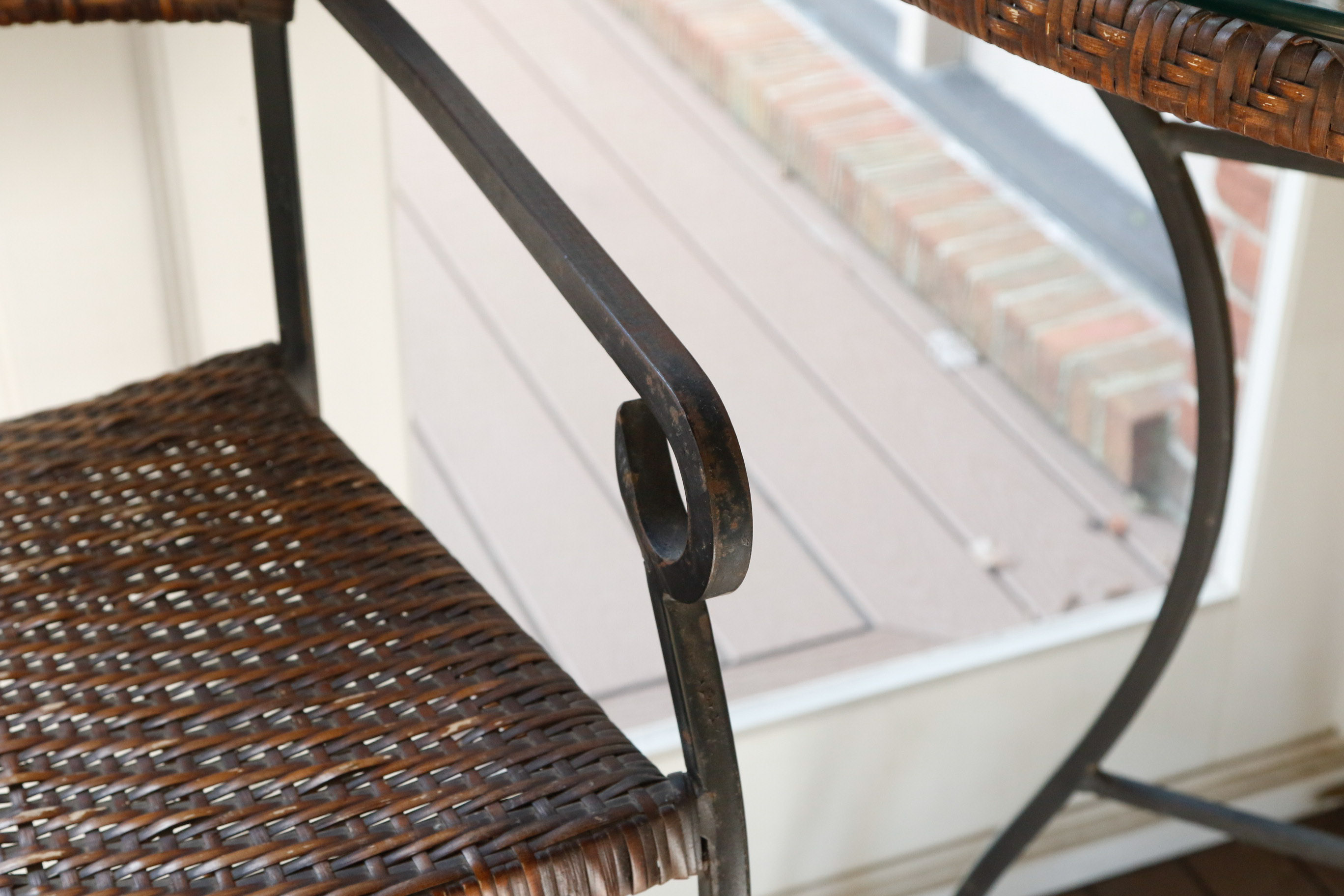 Wrought Iron, Glass, and Rattan Bistro Set