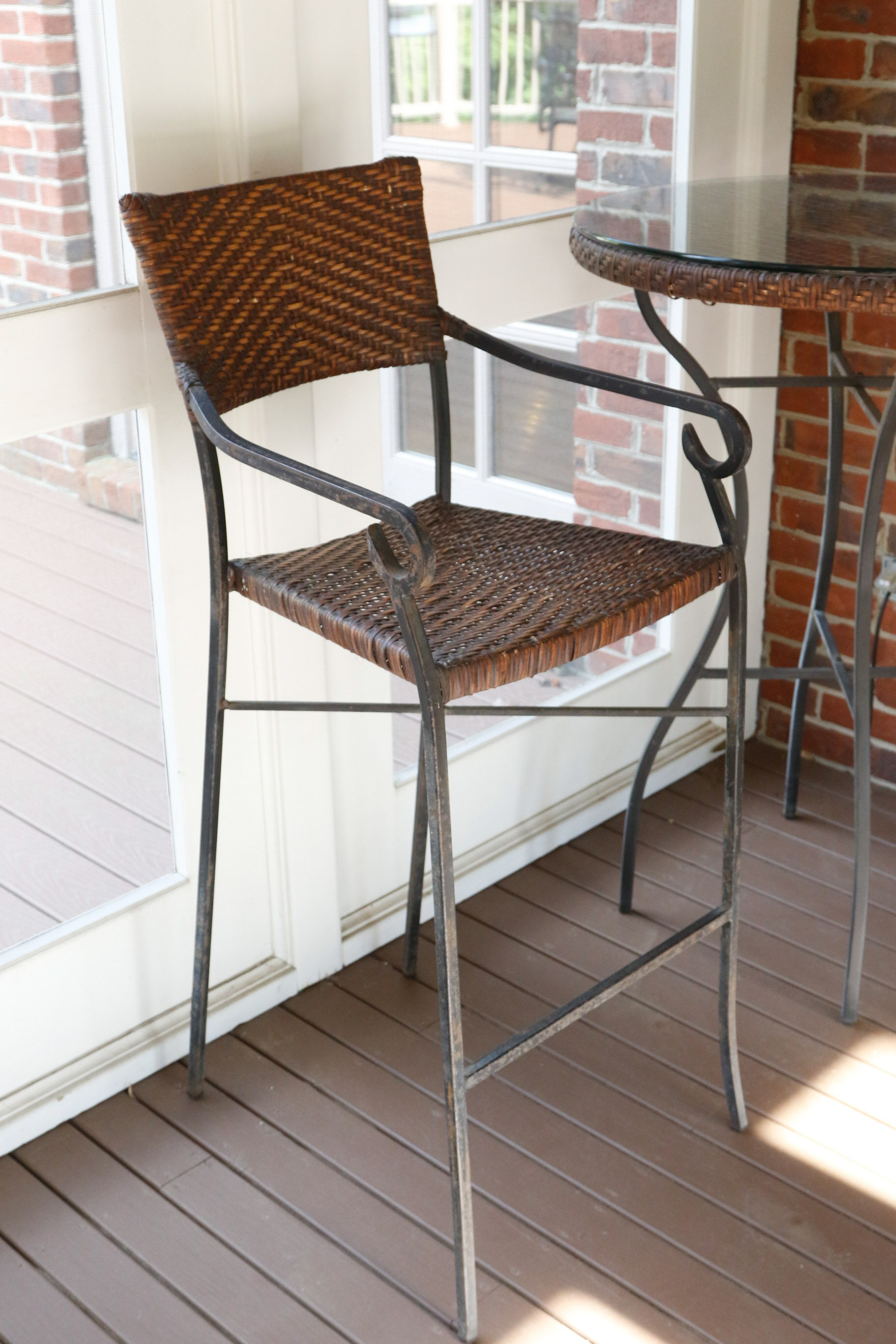 Wrought Iron, Glass, and Rattan Bistro Set