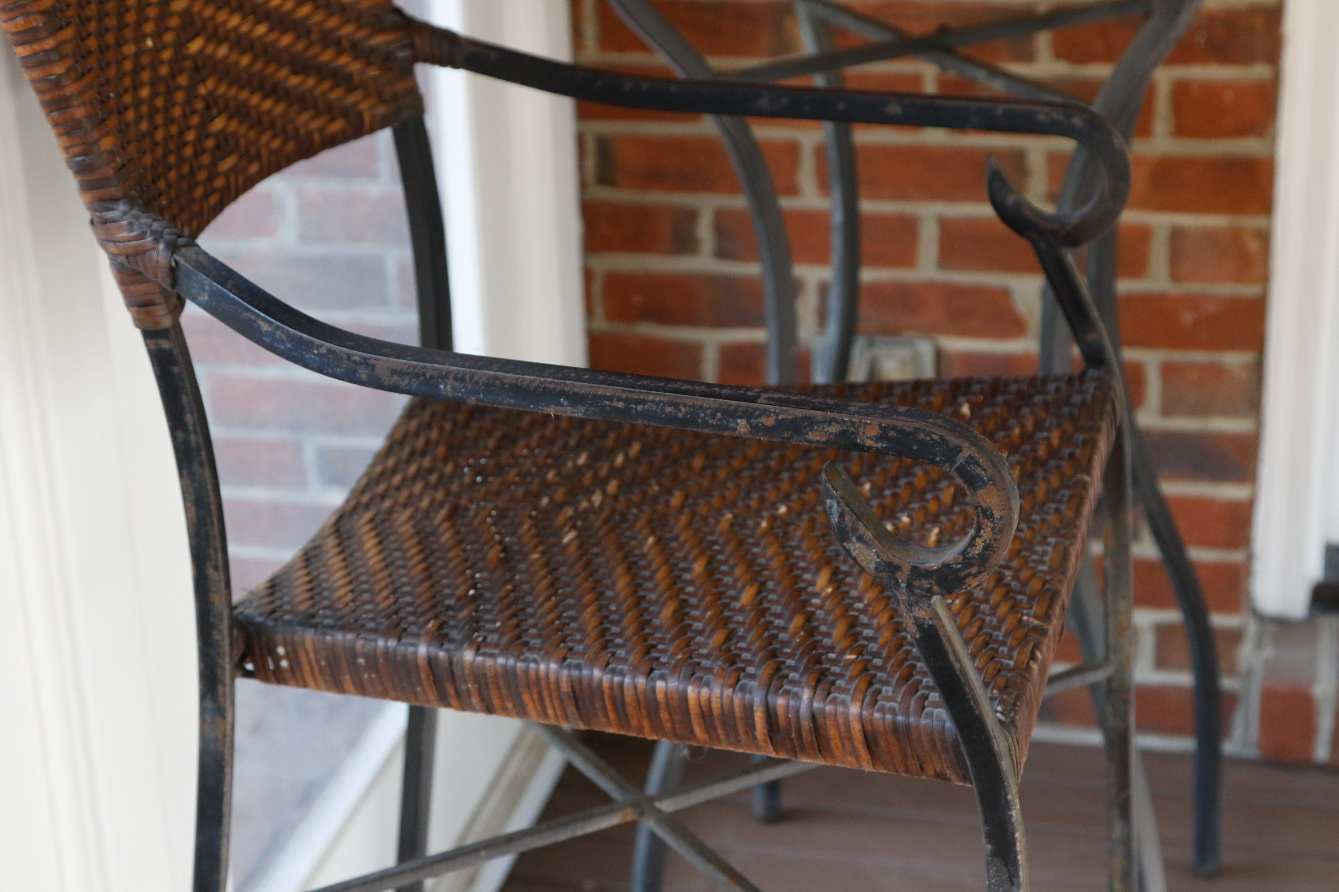 Wrought Iron, Glass, and Rattan Bistro Set