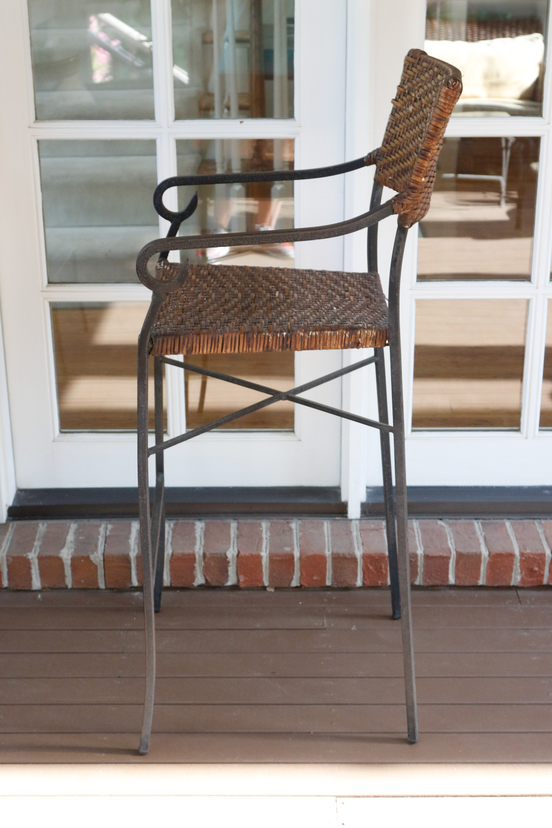 Wrought Iron, Glass, and Rattan Bistro Set
