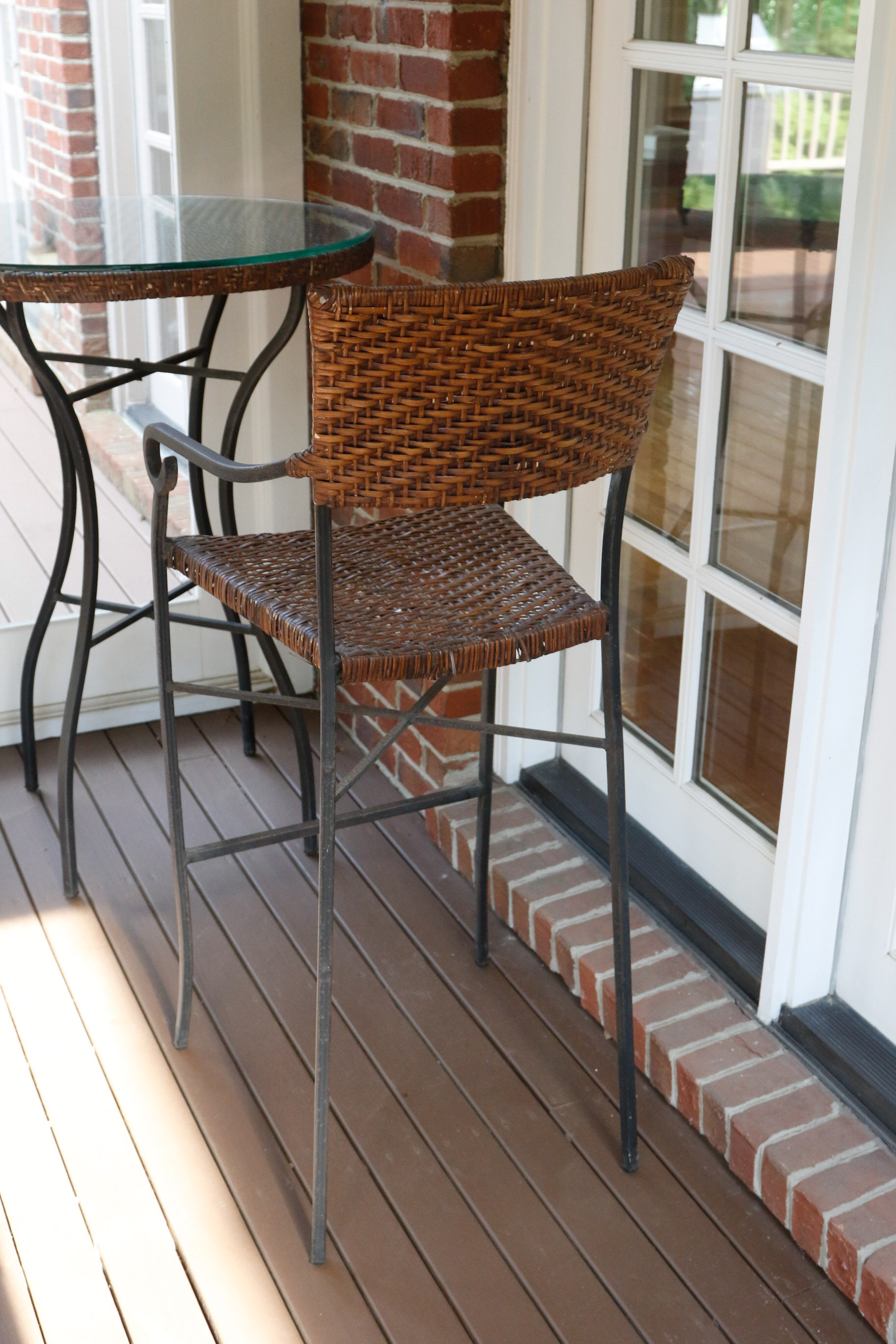 Wrought Iron, Glass, and Rattan Bistro Set