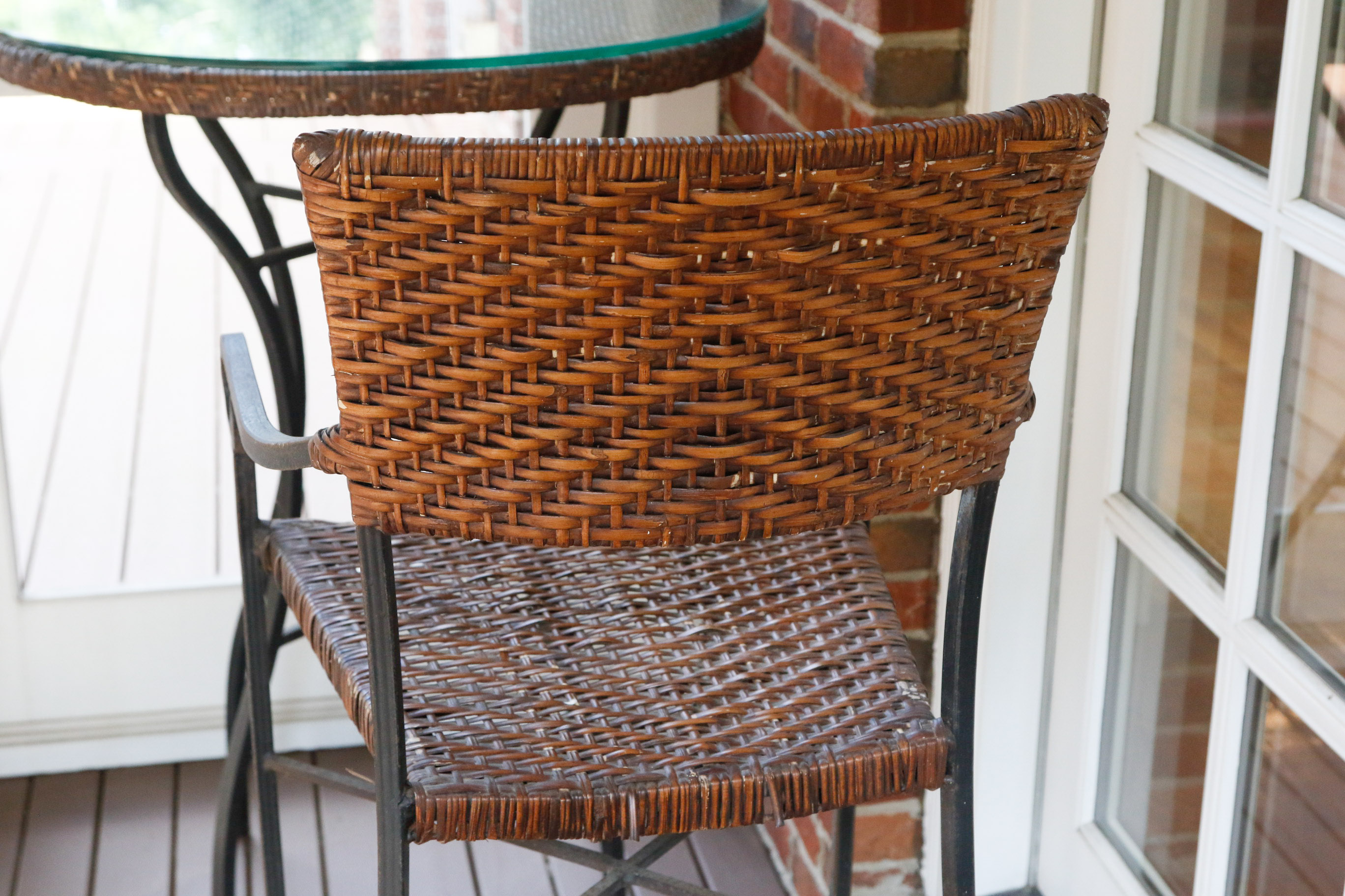 Wrought Iron, Glass, and Rattan Bistro Set