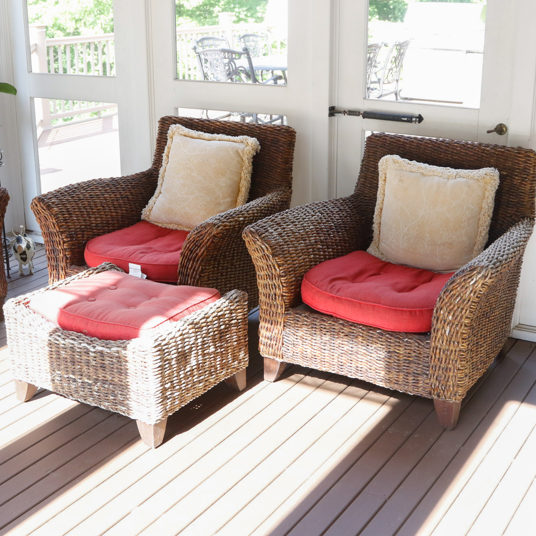 Pair of Wicker Club Chairs and Matching Ottoman