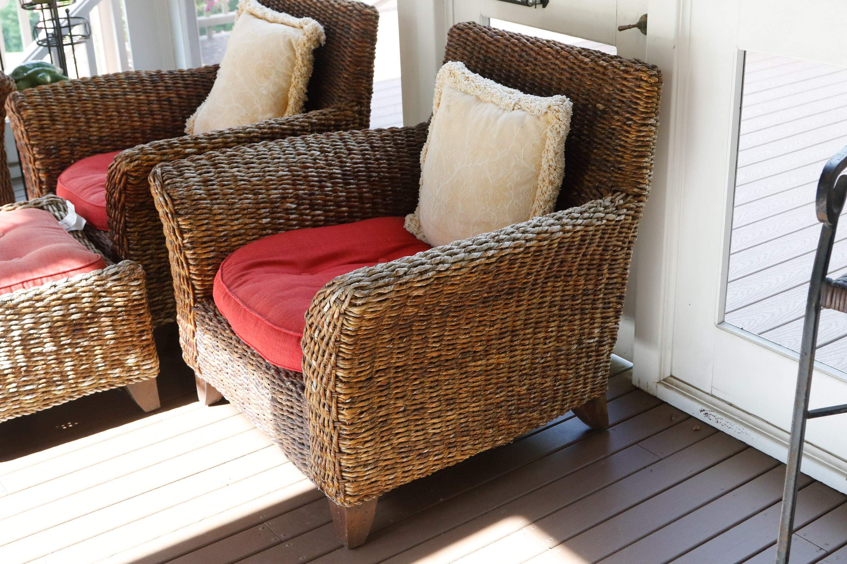 Pair of Wicker Club Chairs and Matching Ottoman