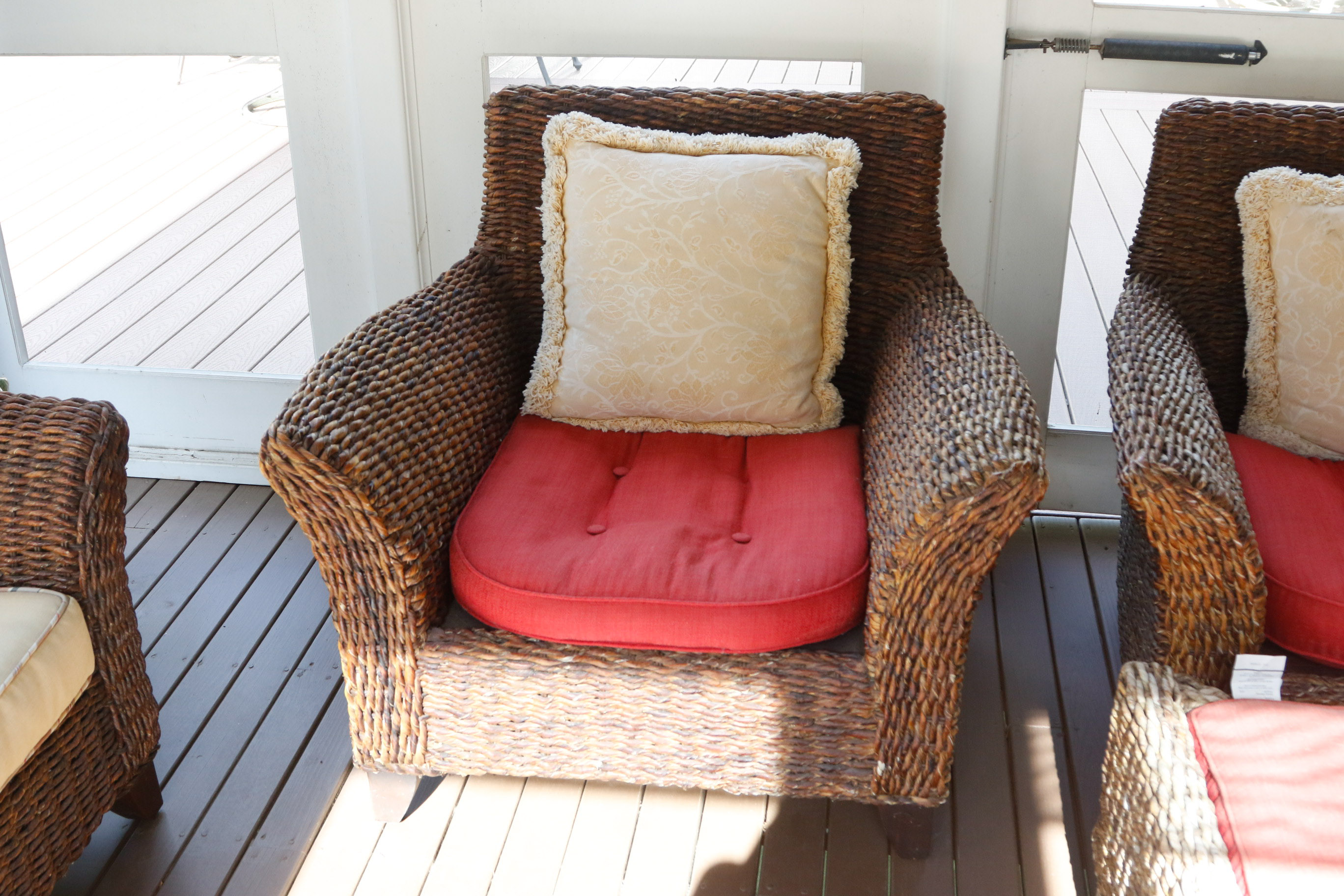 Pair of Wicker Club Chairs and Matching Ottoman