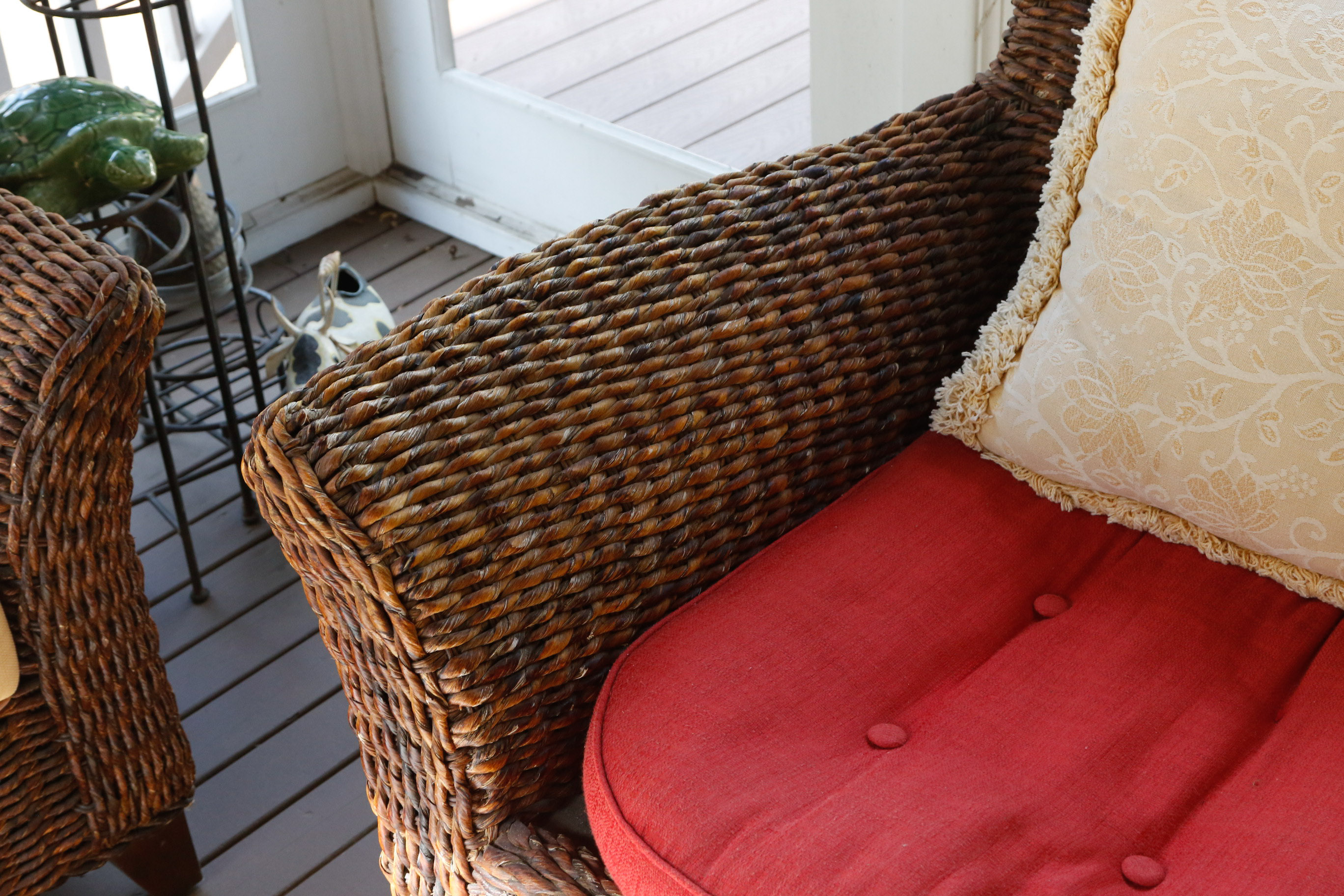 Pair of Wicker Club Chairs and Matching Ottoman
