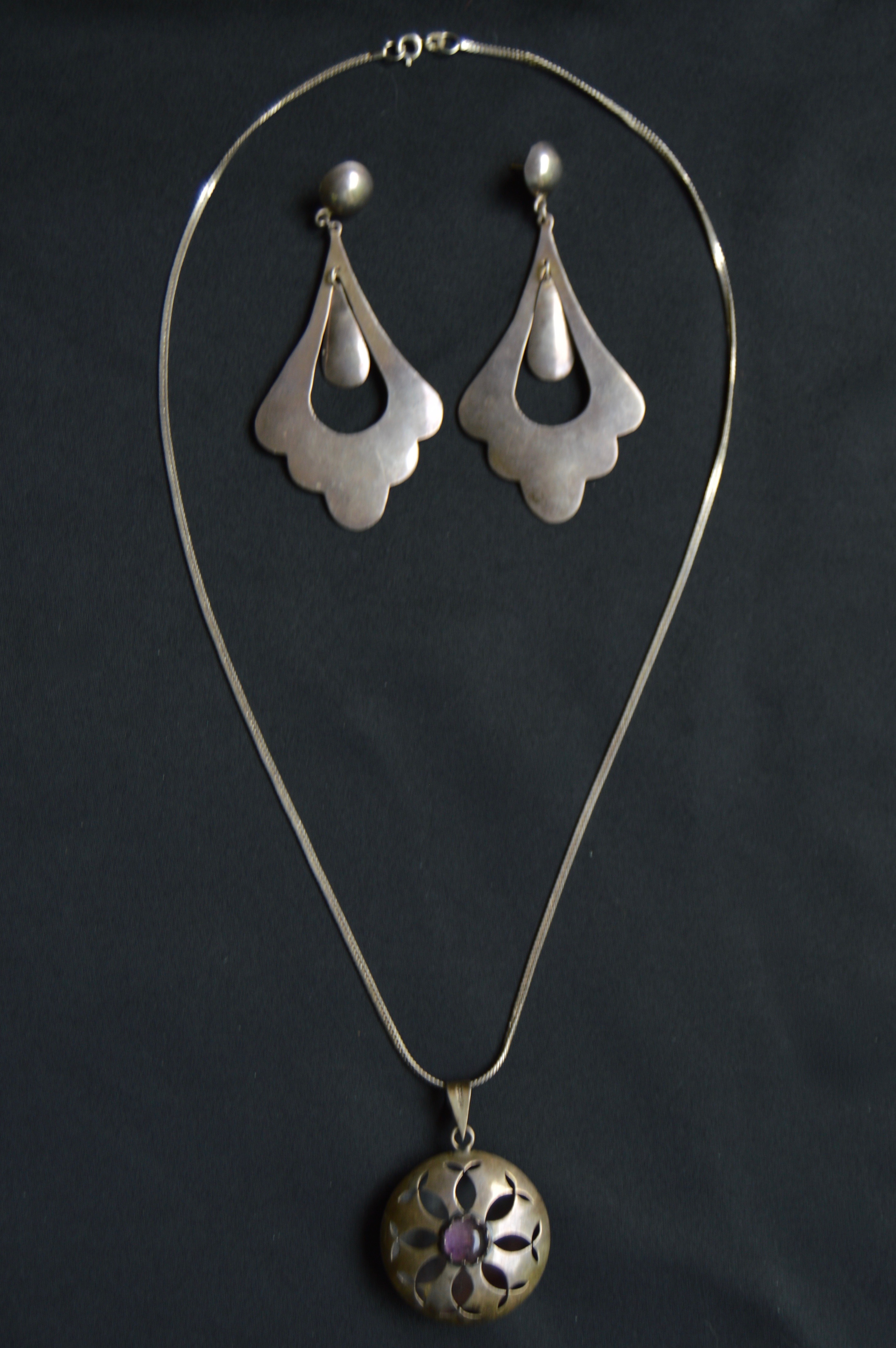 Vintage Mexican Sterling Doorknocker Earrings, Pendant and Chain