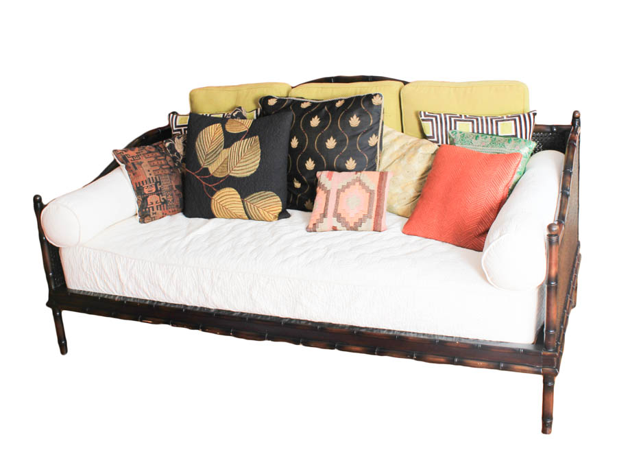 Rattan and Bamboo Day Bed With Decorative Throw Pillows