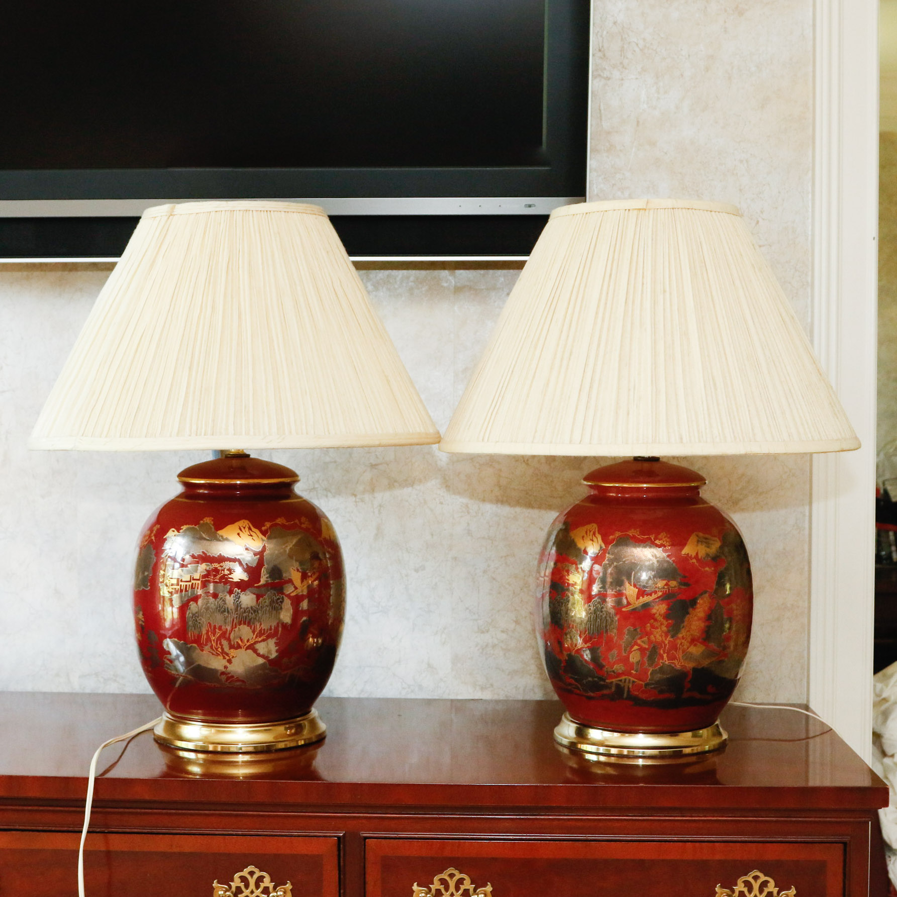 Pair of Chinese Style Hand Painted Table Lamps
