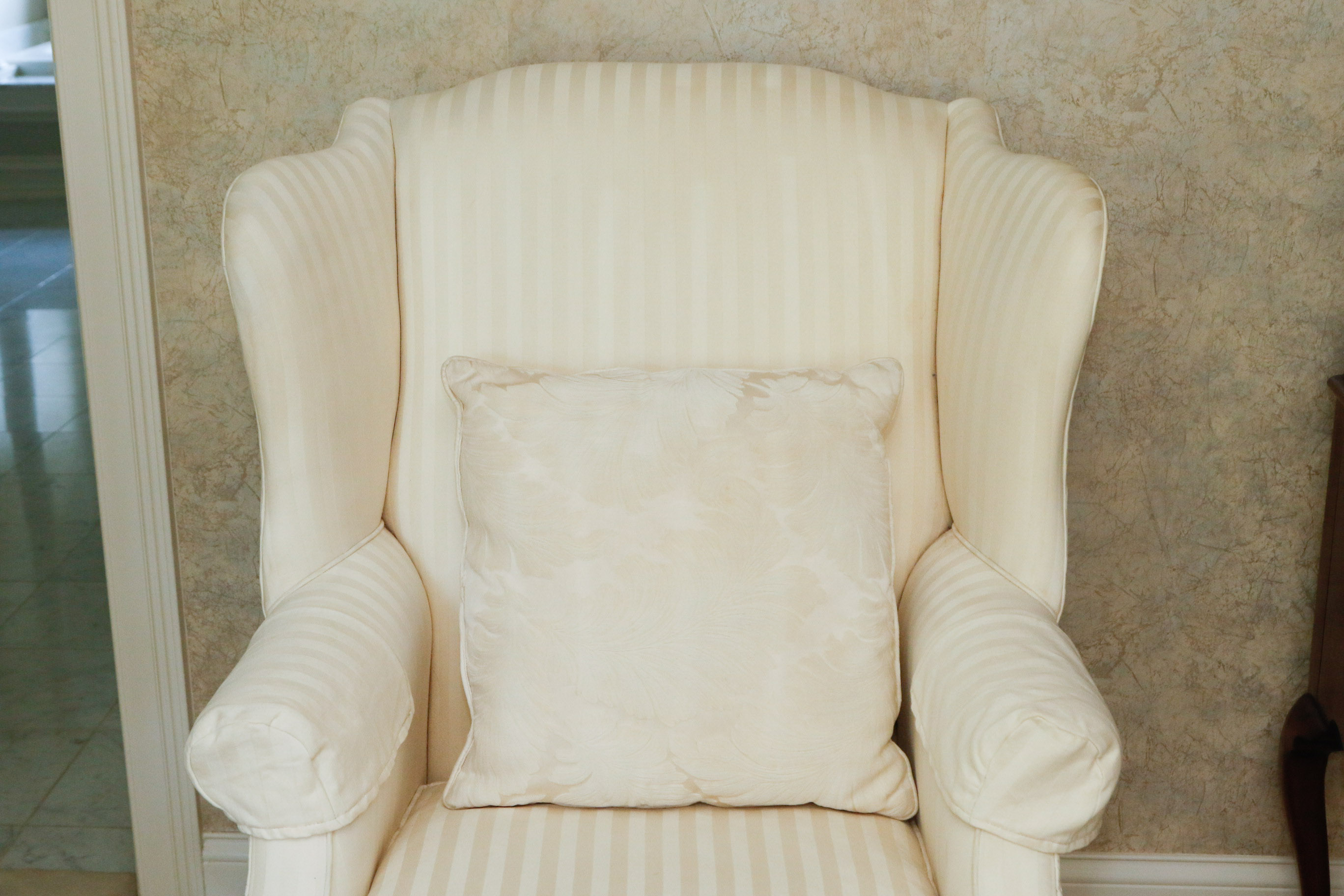 Vintage Henredon Ivory Stripe Brocade Wingback Parlor Chair