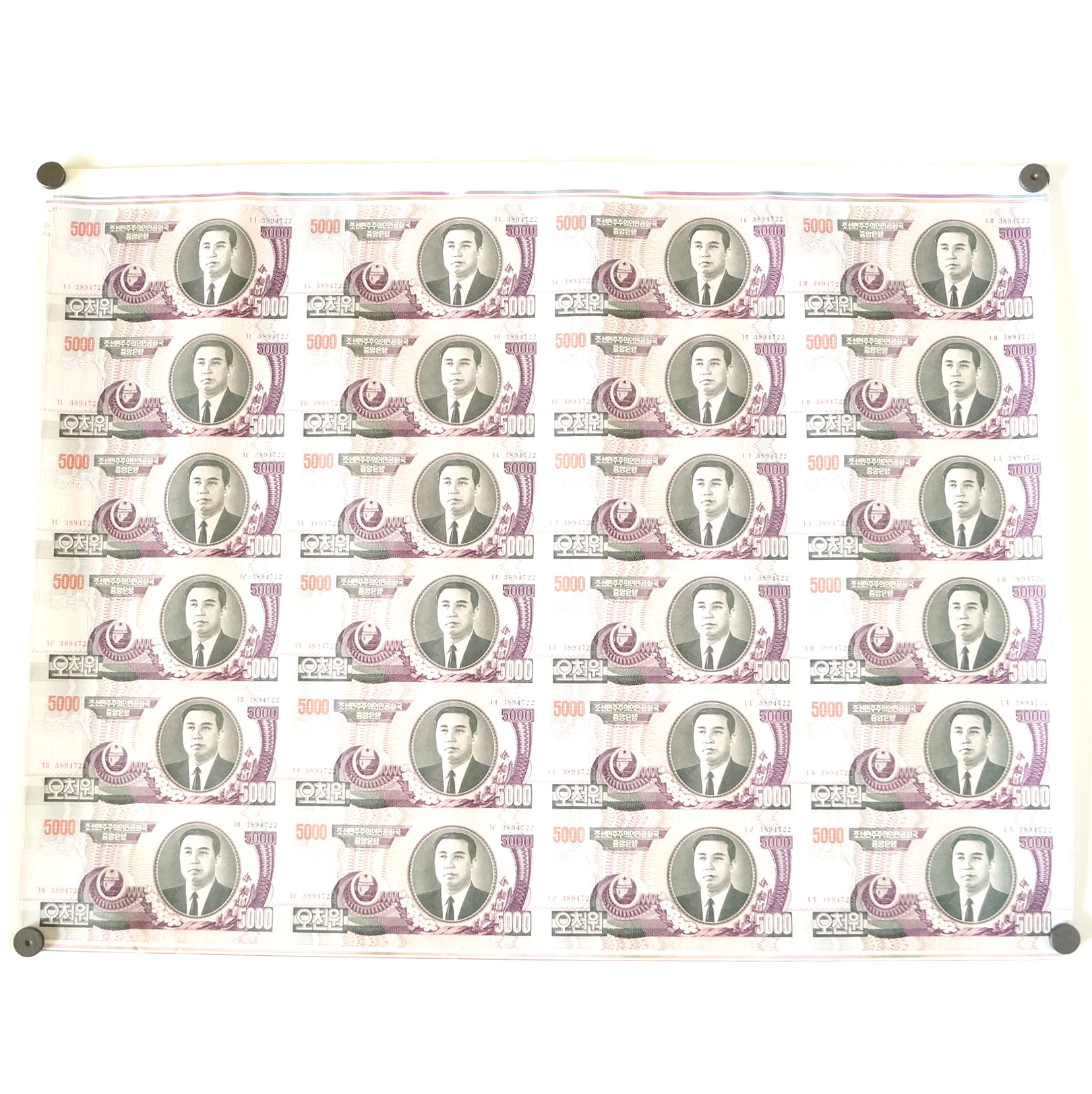 Uncut Sheet of North Korean 5000 Won Banknotes