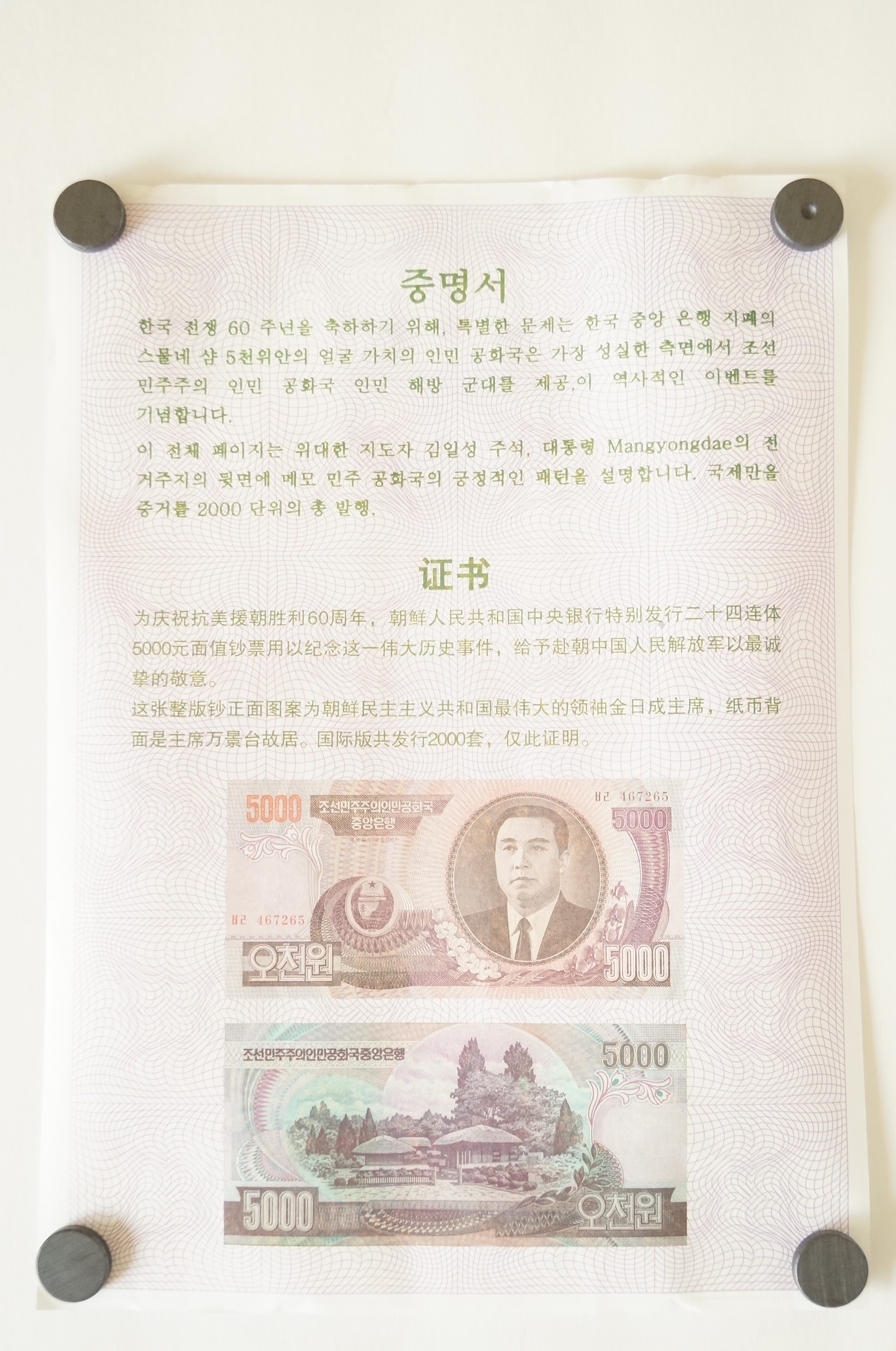 Uncut Sheet of North Korean 5000 Won Banknotes