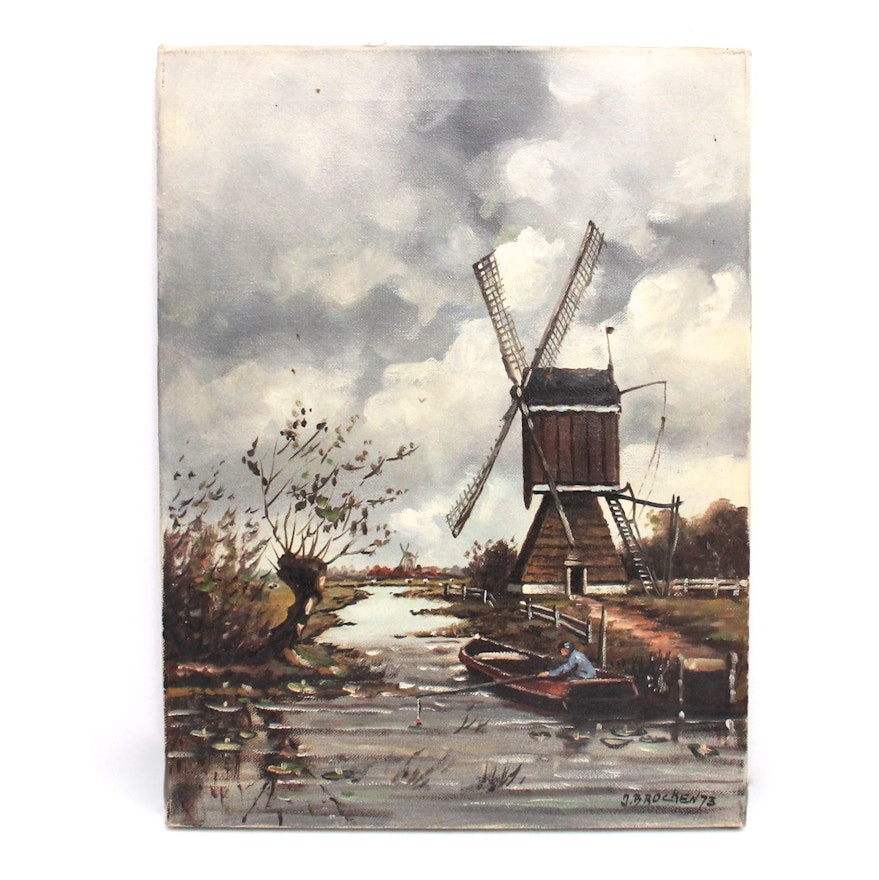 Signed Joseph Brocken Windmill Oil Painting
