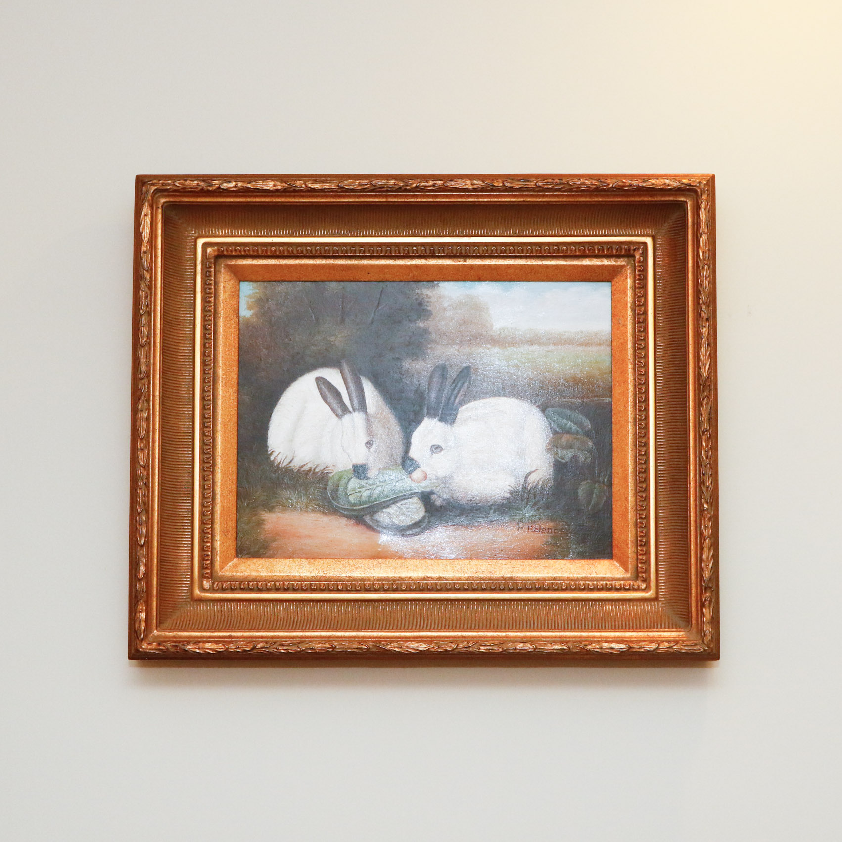 P. Rolence Folk Art Print on Canvas of Himalayan Rabbits Eating Cabbage