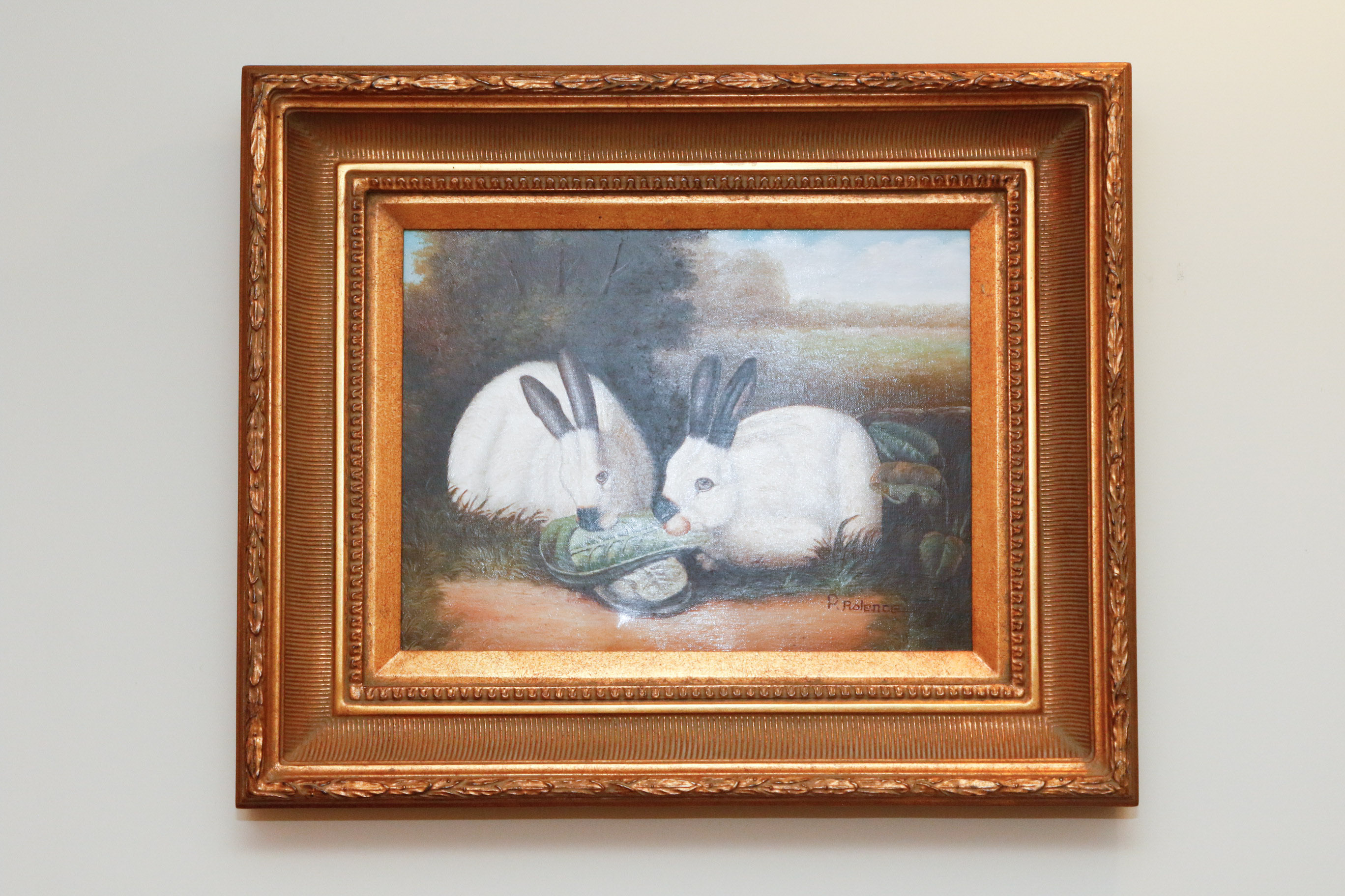 P. Rolence Folk Art Print on Canvas of Himalayan Rabbits Eating Cabbage