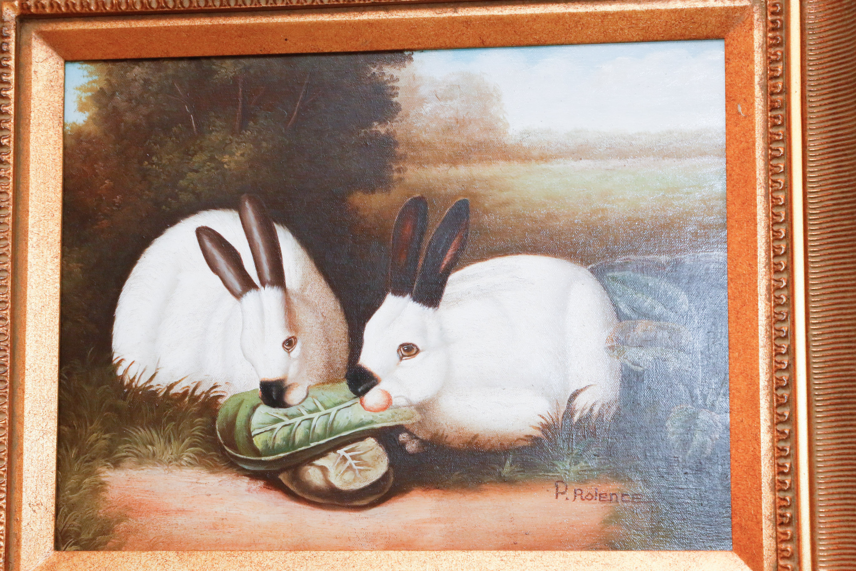 P. Rolence Folk Art Print on Canvas of Himalayan Rabbits Eating Cabbage