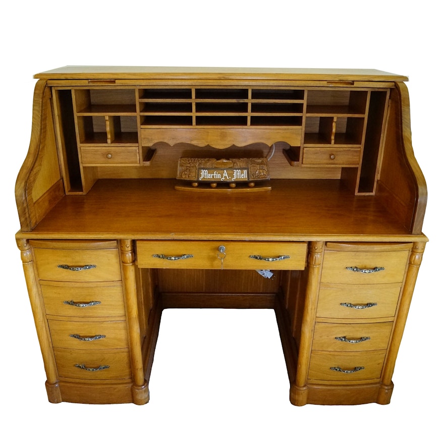 Roll Top Desk in Philippine Narra Wood with Hand Carved Details