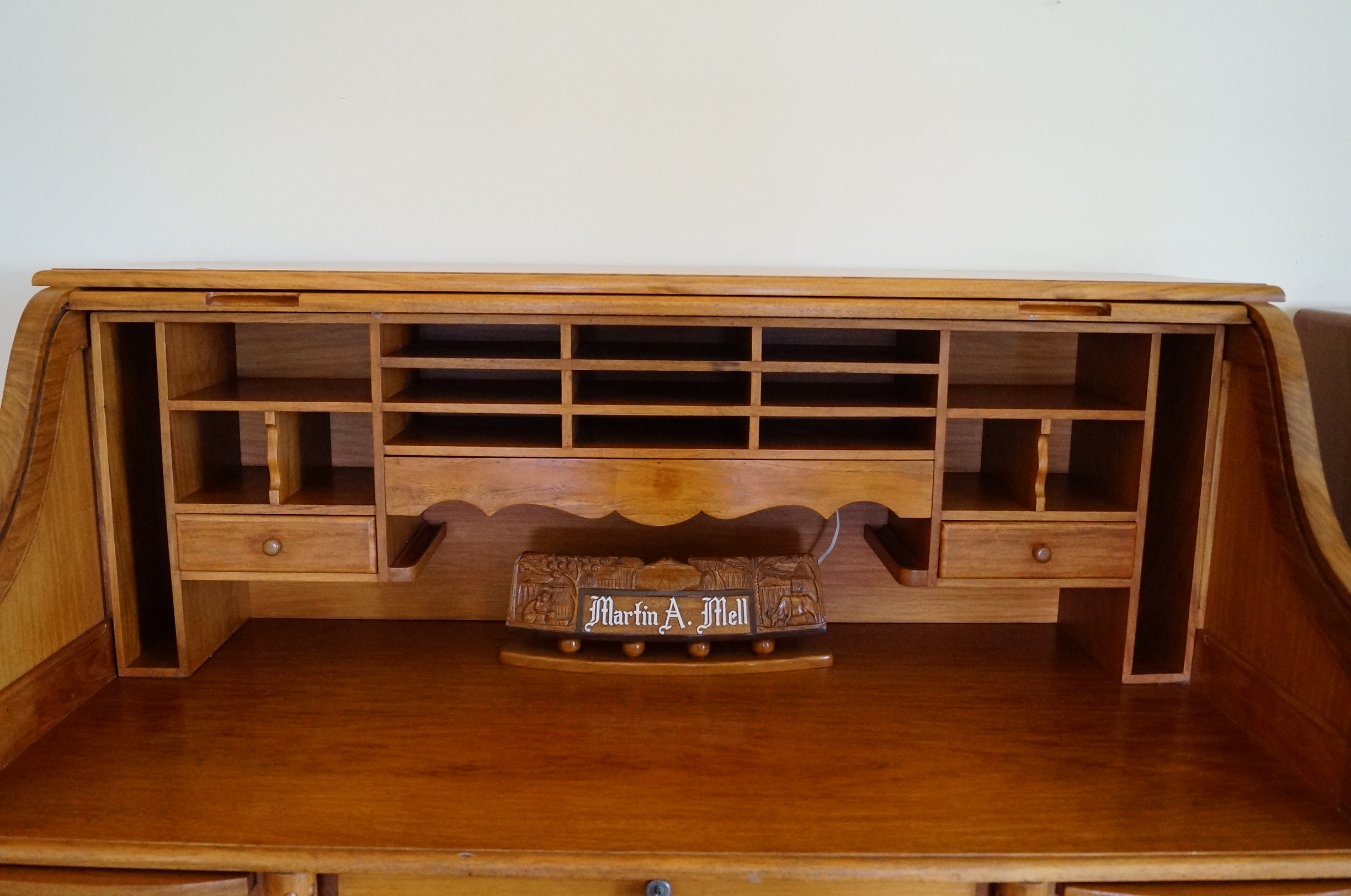 Roll Top Desk in Philippine Narra Wood with Hand Carved Details