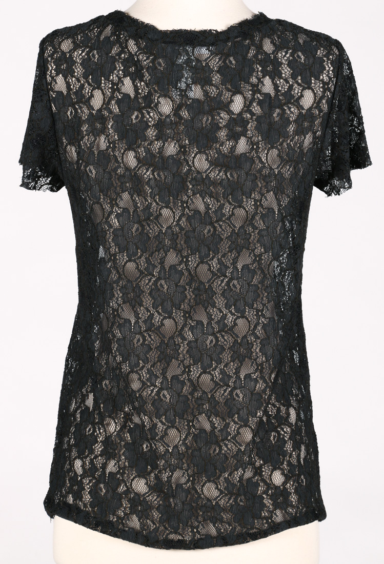 Les Copains Short Sleeve Black Lace Top