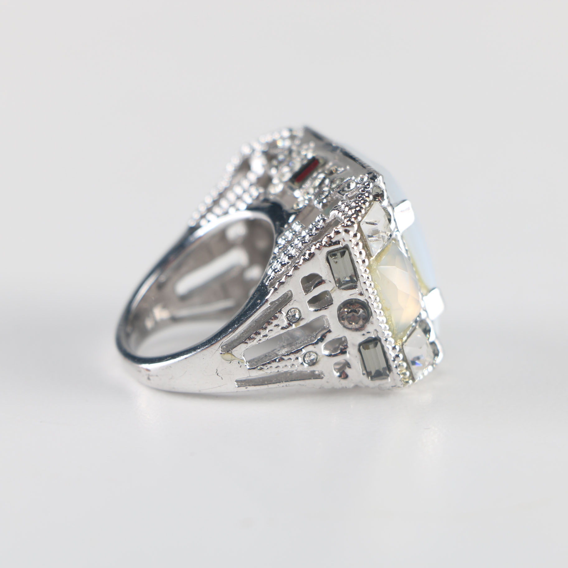Alexis Bittar Silver Tone Ring with Gemstones and Rhinestones