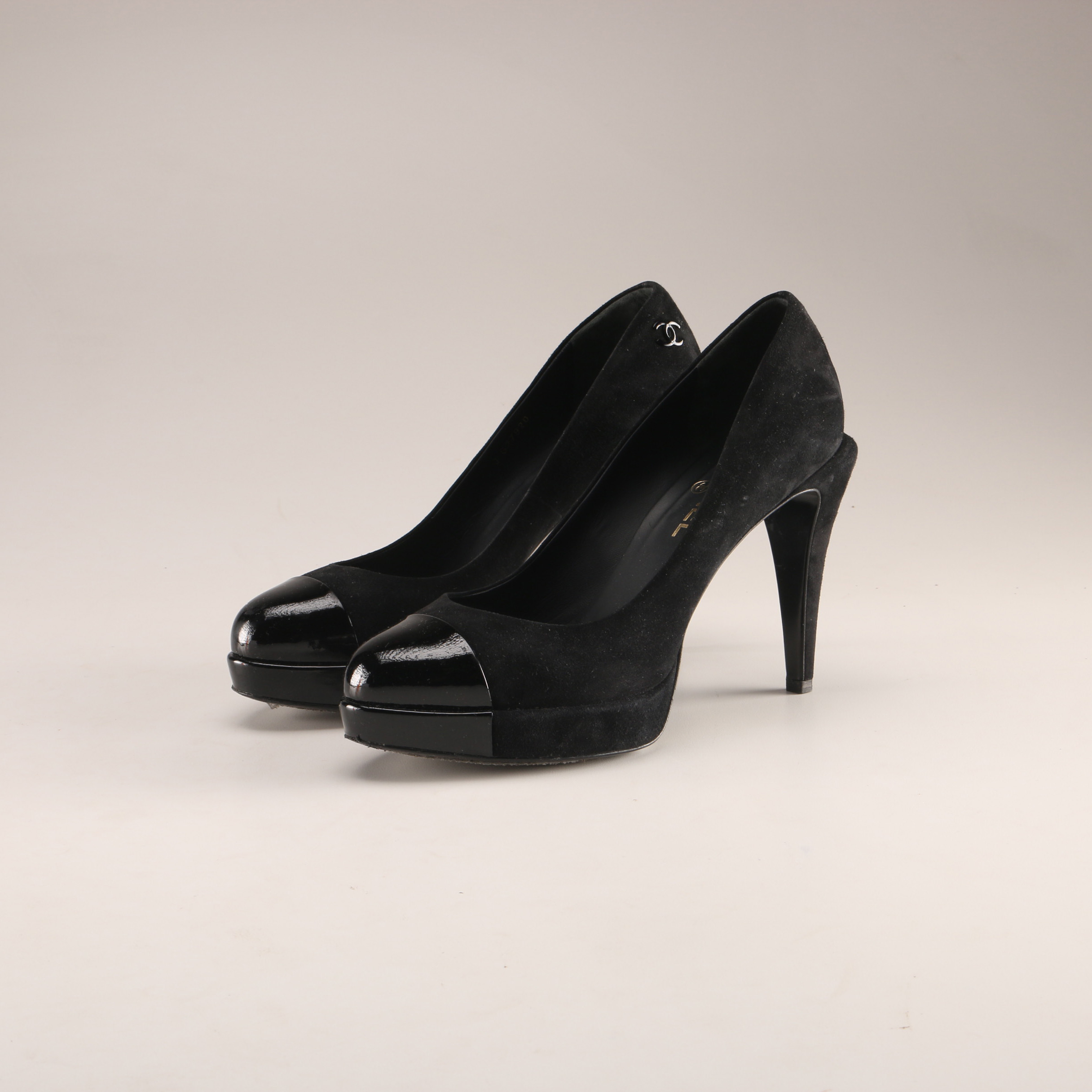 Chanel Black Suede Pumps with Patent Cap Toe