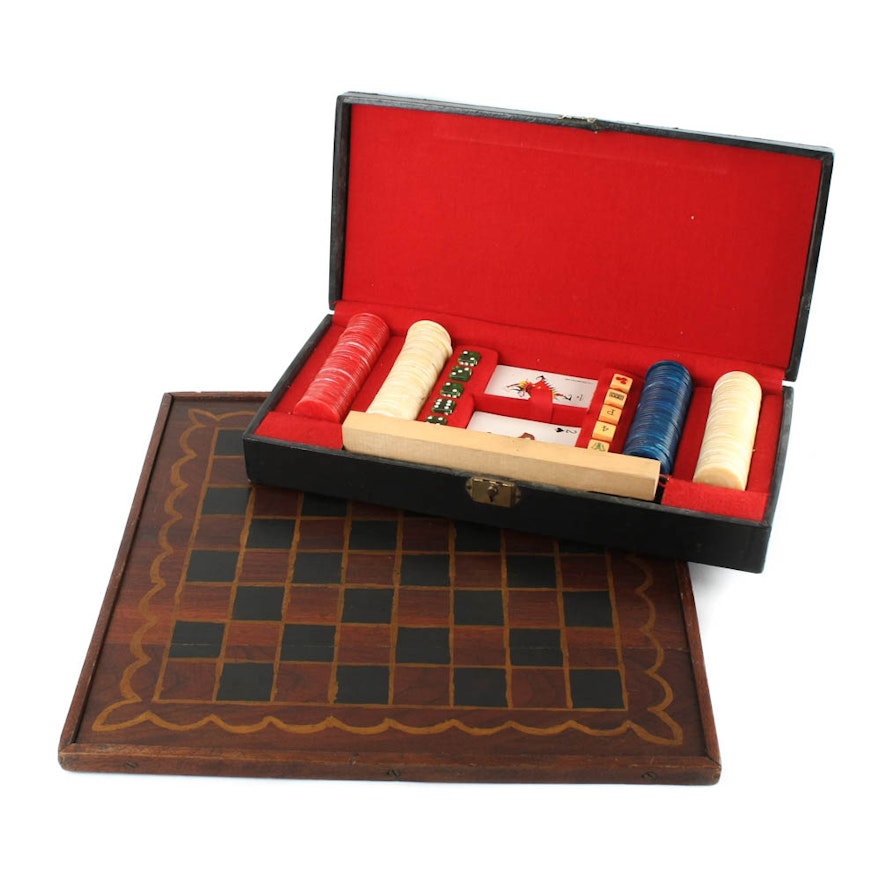 Vintage Table Game Box with Folk Art Game Board