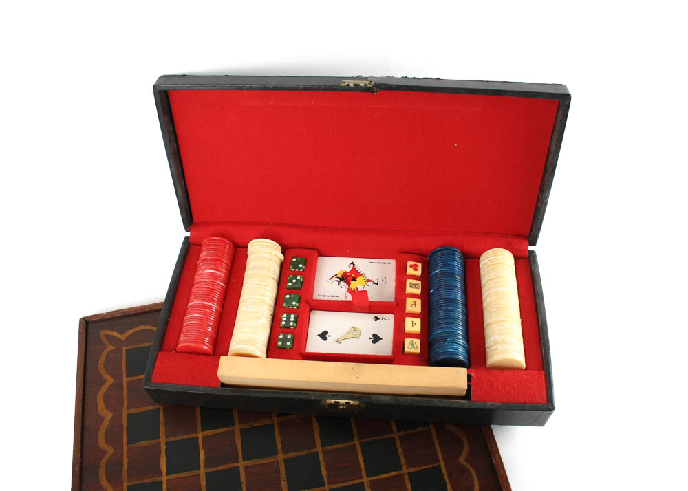 Vintage Table Game Box with Folk Art Game Board