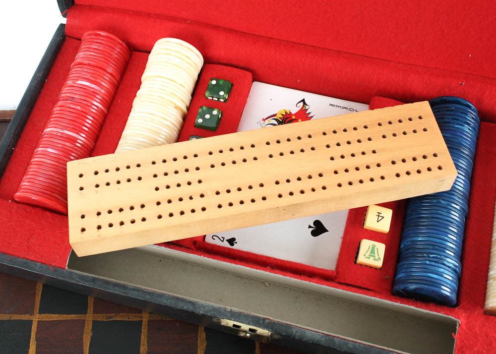 Vintage Table Game Box with Folk Art Game Board