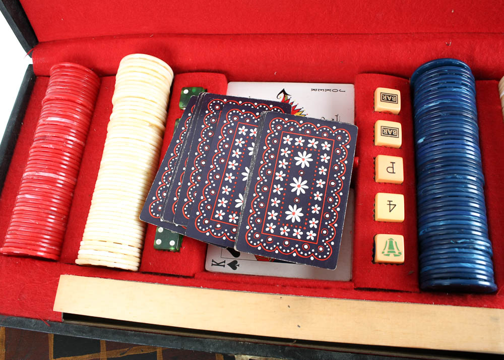 Vintage Table Game Box with Folk Art Game Board