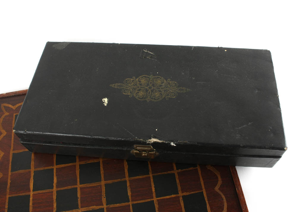 Vintage Table Game Box with Folk Art Game Board