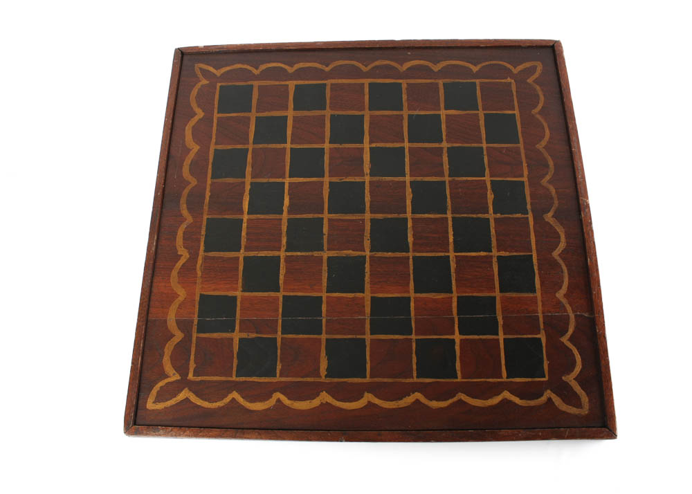 Vintage Table Game Box with Folk Art Game Board