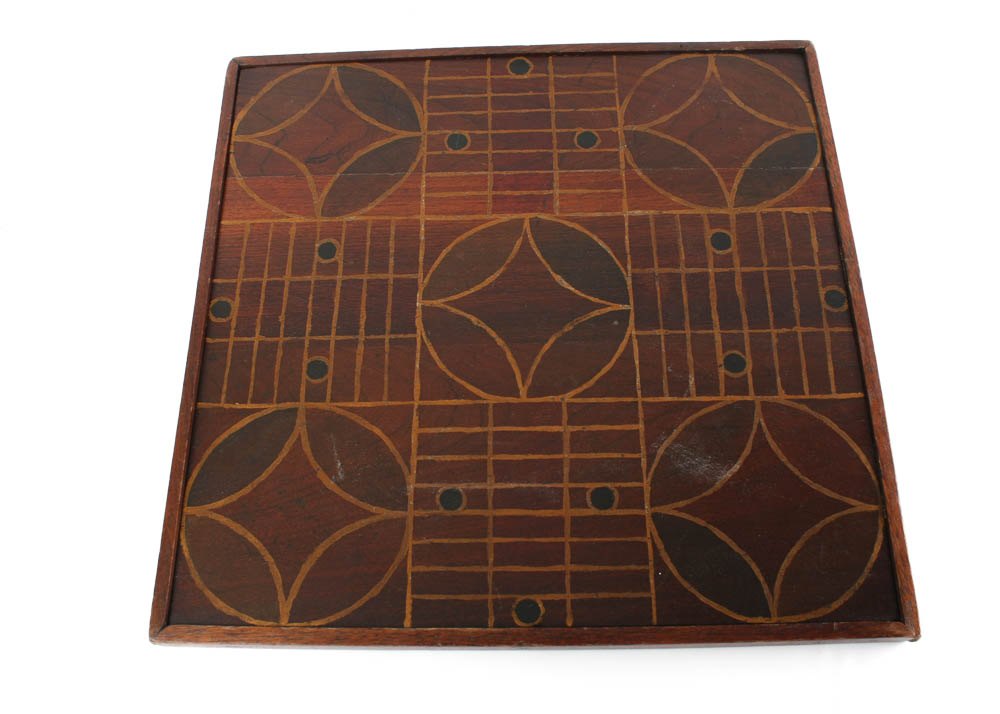 Vintage Table Game Box with Folk Art Game Board