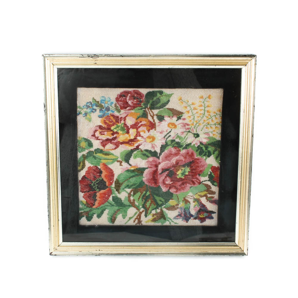 Vintage Beaded Embroidery Art Piece in Frame