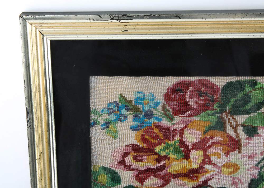 Vintage Beaded Embroidery Art Piece in Frame