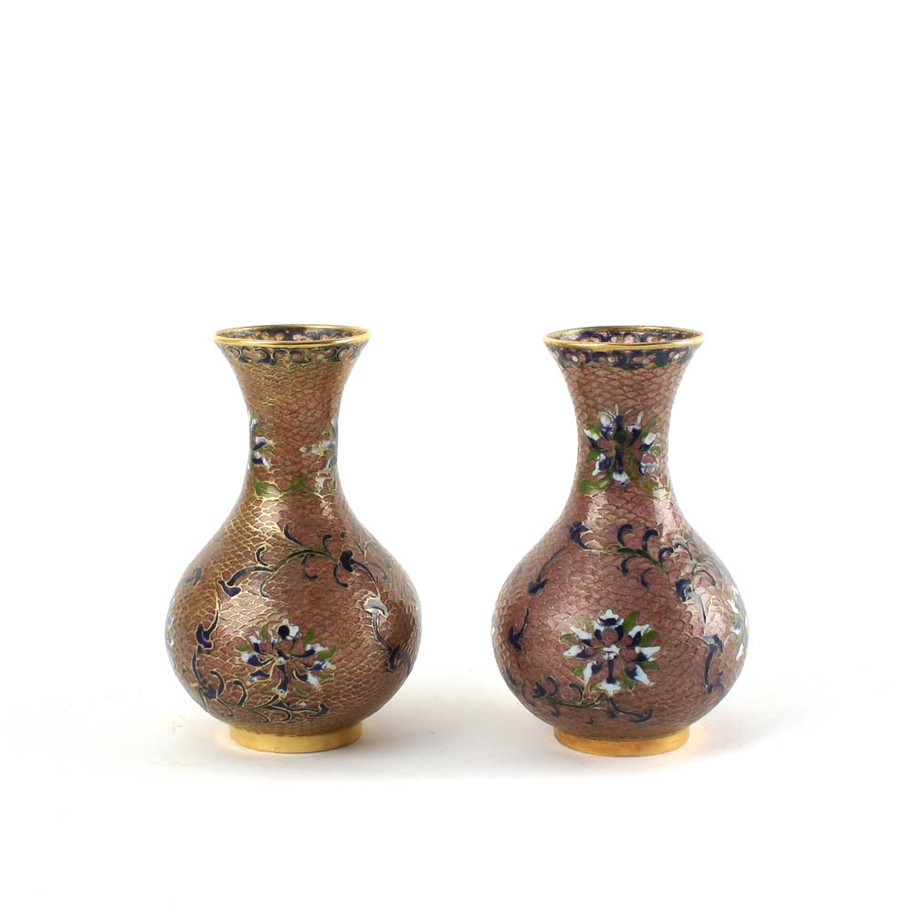 Pair of Vintage Pink Plique-A-Jour Glass and Enamel Vases