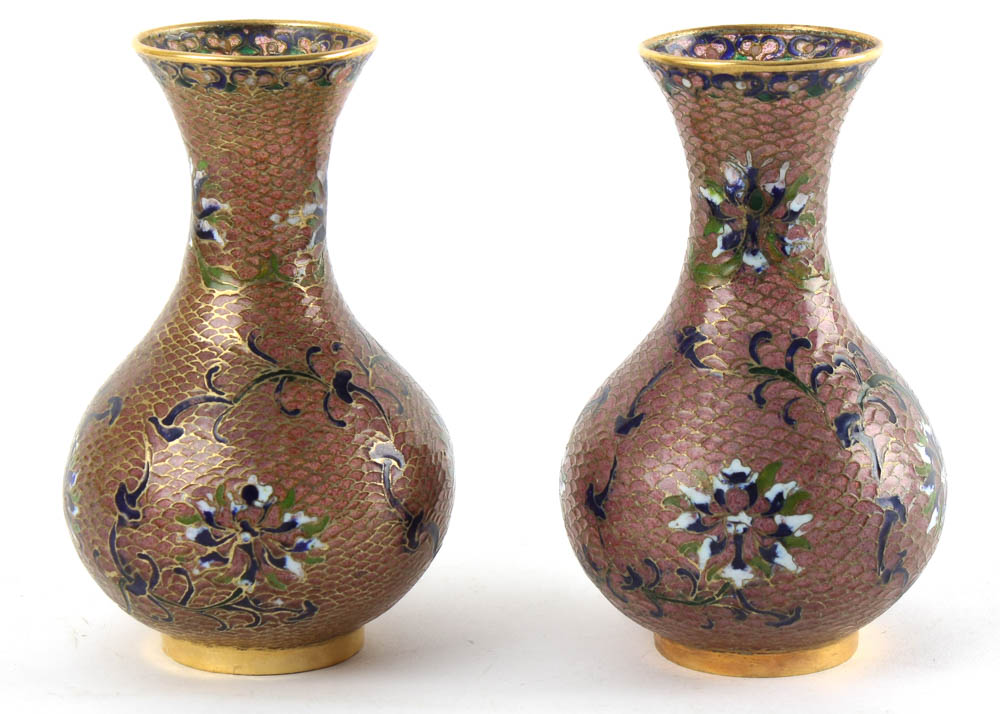 Pair of Vintage Pink Plique-A-Jour Glass and Enamel Vases