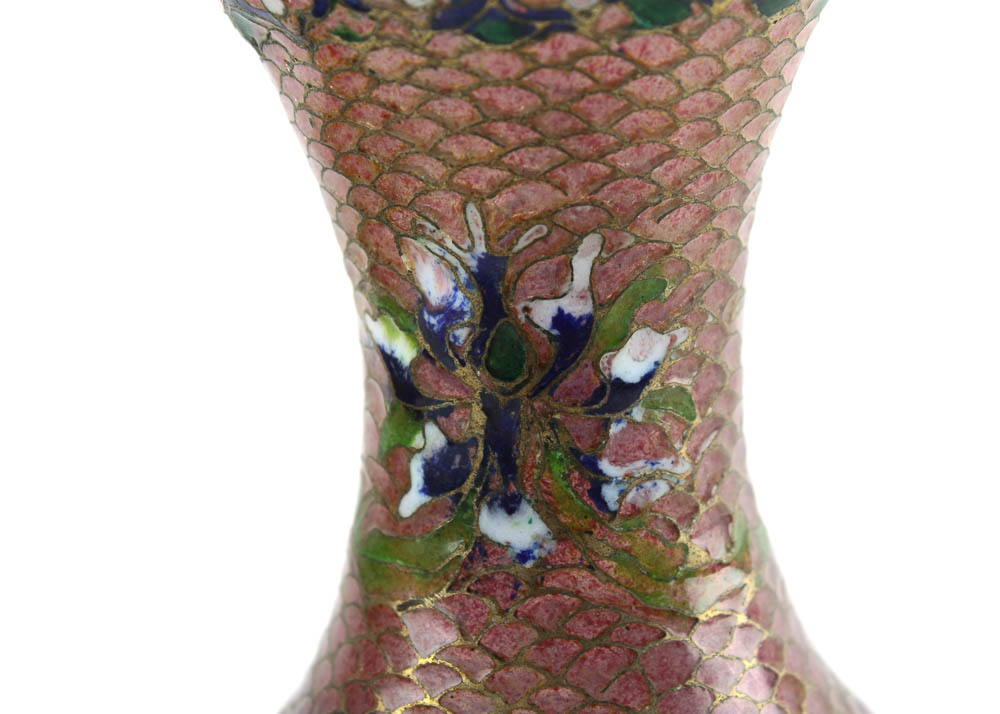 Pair of Vintage Pink Plique-A-Jour Glass and Enamel Vases