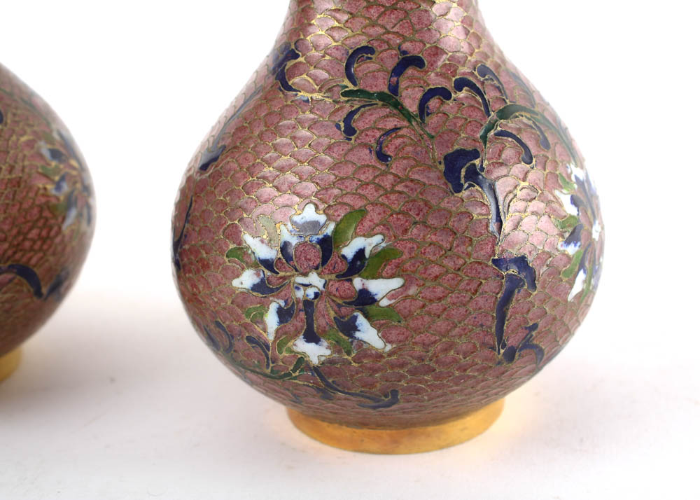 Pair of Vintage Pink Plique-A-Jour Glass and Enamel Vases