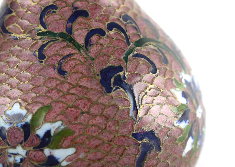 Pair of Vintage Pink Plique-A-Jour Glass and Enamel Vases