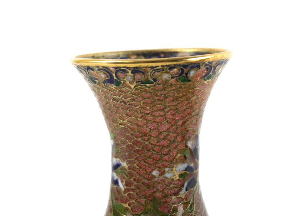 Pair of Vintage Pink Plique-A-Jour Glass and Enamel Vases