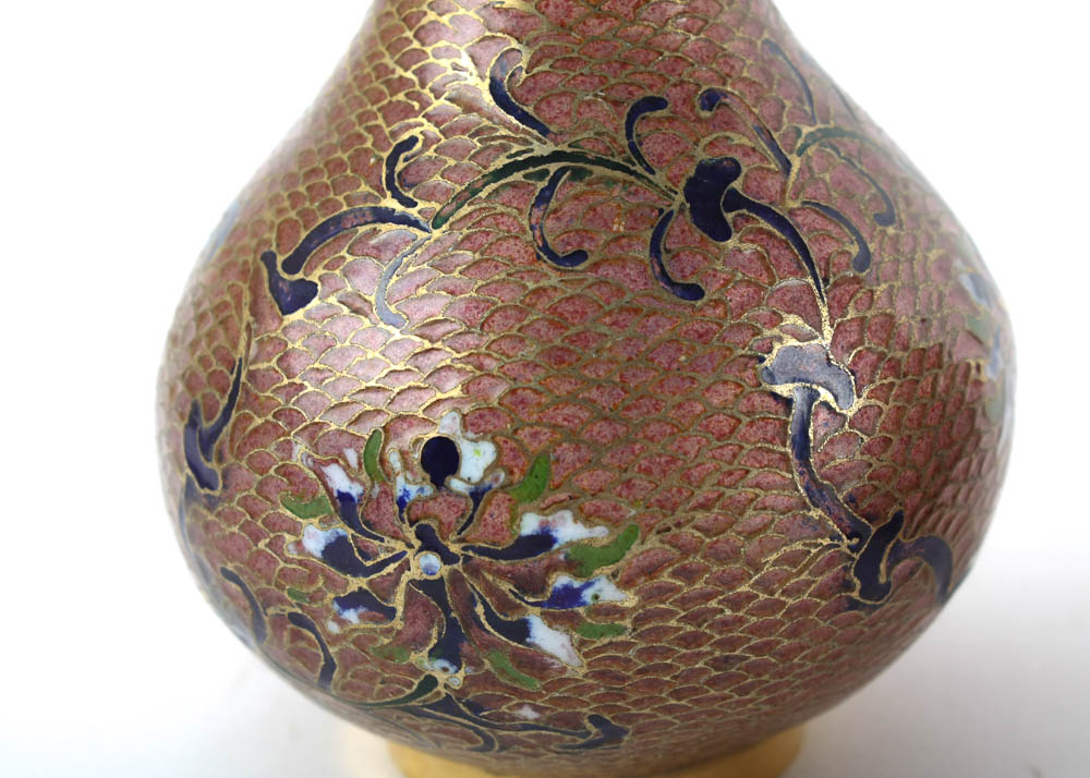 Pair of Vintage Pink Plique-A-Jour Glass and Enamel Vases