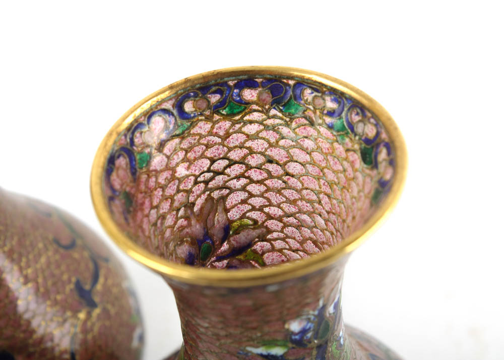 Pair of Vintage Pink Plique-A-Jour Glass and Enamel Vases