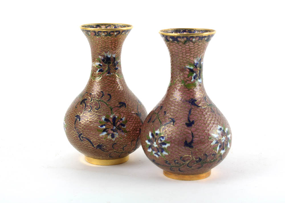 Pair of Vintage Pink Plique-A-Jour Glass and Enamel Vases