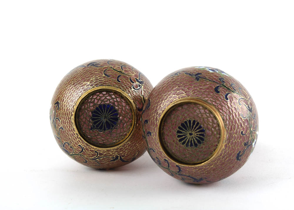 Pair of Vintage Pink Plique-A-Jour Glass and Enamel Vases