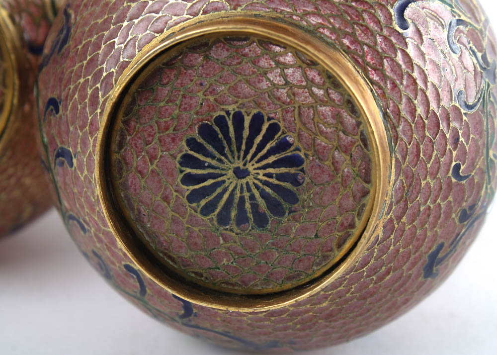 Pair of Vintage Pink Plique-A-Jour Glass and Enamel Vases