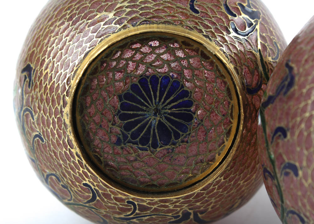 Pair of Vintage Pink Plique-A-Jour Glass and Enamel Vases