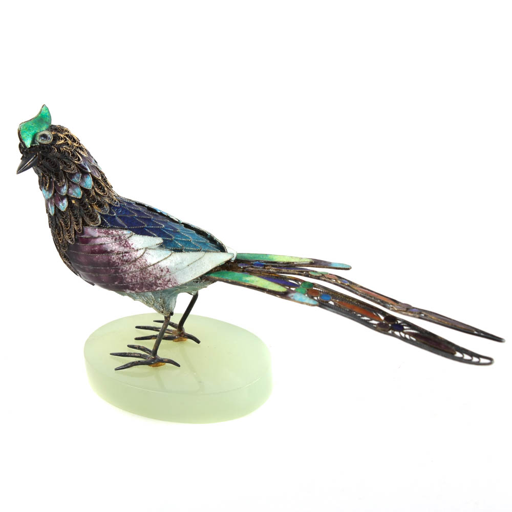 Antique Sterling Silver and Enamel Bird with Jade Insets and Base